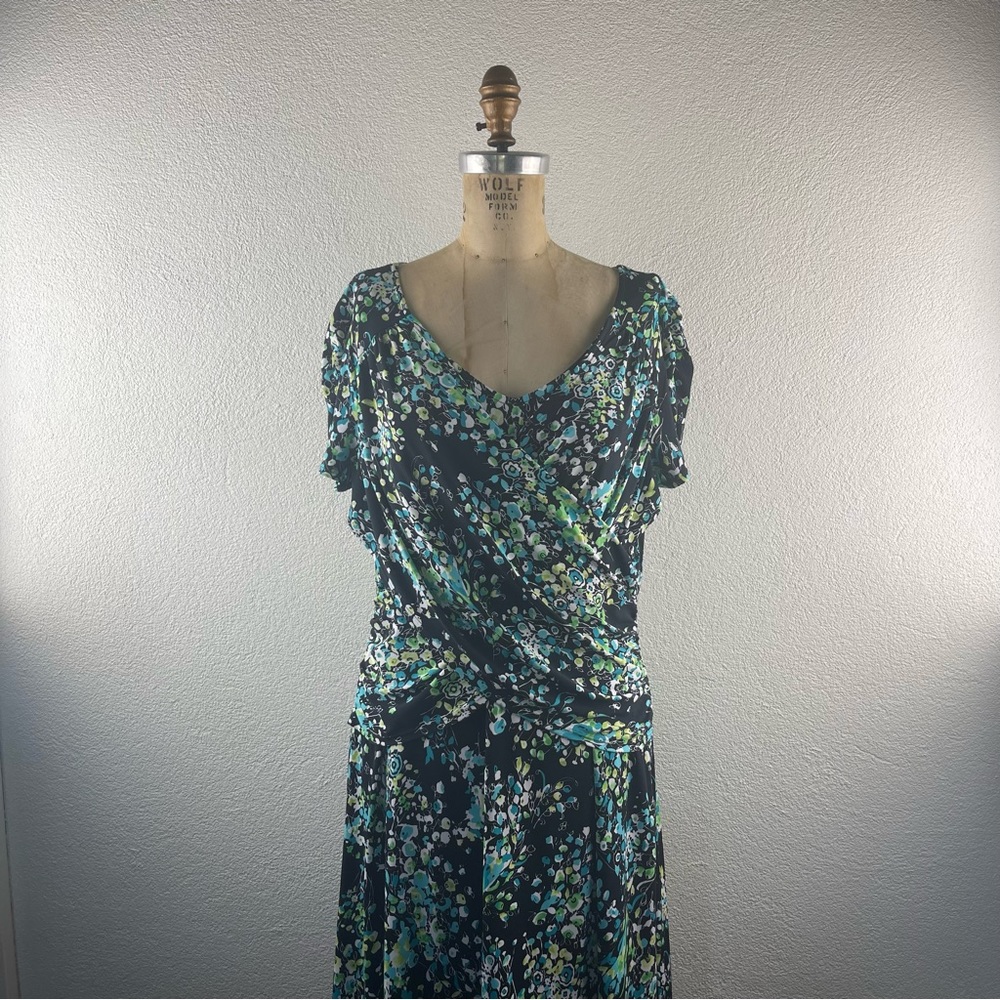 Kim Rogers l L Black Blue Green Floral Wrap Surplice Bodice Stretch Knit Dress